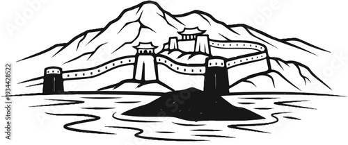 Stylized Chinese wall & mountains, with a body of water in foreground