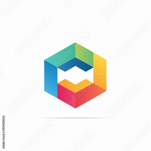 Vibrant abstract geometric hexagon with interlocking colorful segments creating a dynamic 3D optical illusion symbol