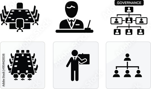 Collection of Icons Representing Business Meetings, Management, and Organizational Structure