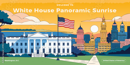 White House Panoramic Sunrise – Ultra‑Wide Flat Vector Washington D.C. Skyline Illustration | USA US U.S. United States Scenic Banner, Card & Flyer Design
