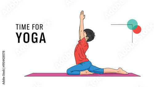Young boy practicing the pigeon yoga pose on a pink mat with text saying time for yoga against a clean white background.
