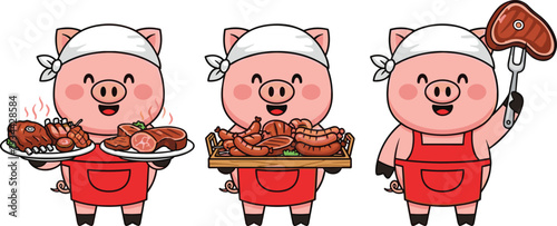 Cute Pig Butcher Character Set Holding Fresh Meat and Steak Cartoon Butchery Vector Illustration Collection