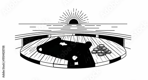 A scroll and coins sit on a wooden deck facing a sun setting over the ocean