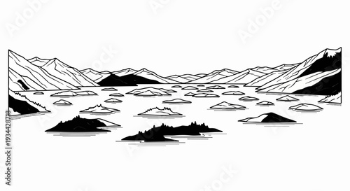 Stylized graphic of icebergs floating in a calm body of water with mountains in the background