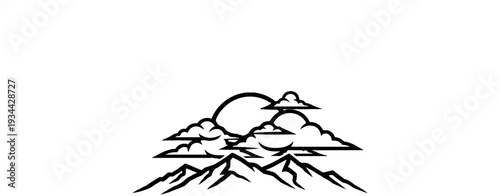 Stylized mountain peaks with a sun partially obscured by clouds
