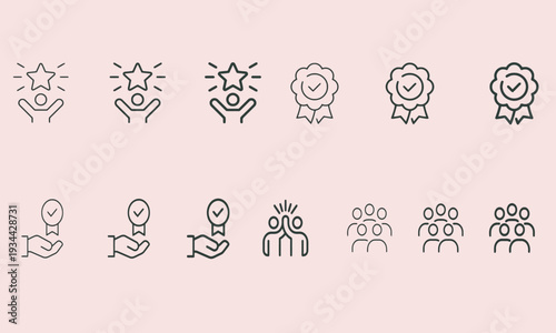Award and Achievement Icons: Star Badges, Ribbons, Trophies, High Five, Group Icons