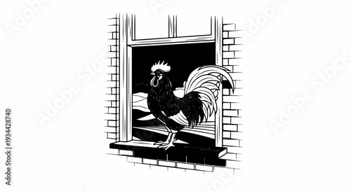 A rooster stands on a windowsill, looking outward into a landscape