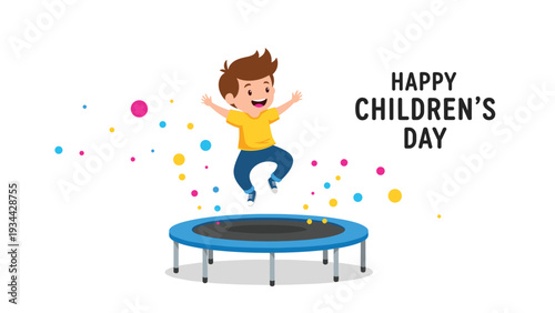 Energetic young boy jumping high on a blue trampoline with colorful dots and text celebrating happy children's day on a white background.