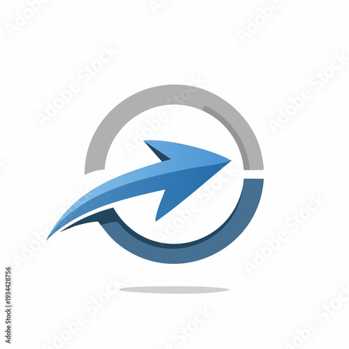 Stylized blue arrow within a grey circular arc, representing forward progress and continuous flow