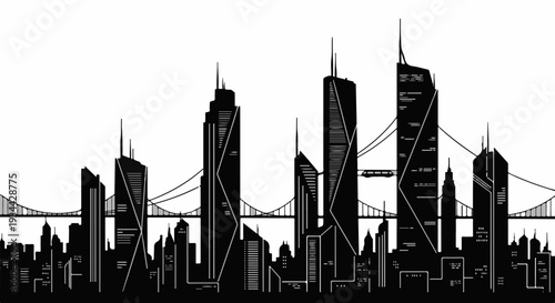 A monochrome, graphic illustration of a futuristic cityscape with bridges and a train