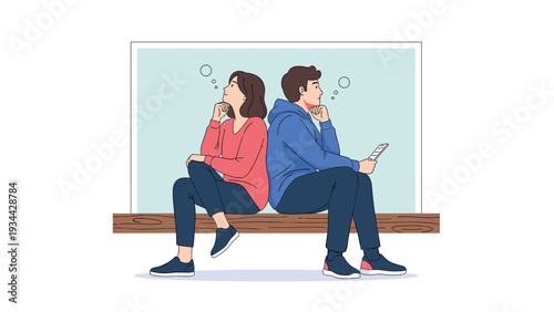 Young man and woman sitting back to back on a wooden bench while thinking deeply about their relationship or personal life issues.