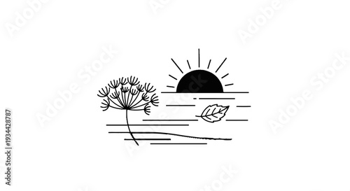 Stylized nature scene with a flower, leaf, and rising sun over water