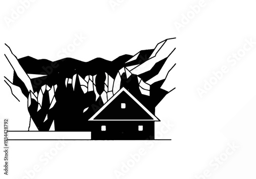 A minimalist black and white illustration of a house nestled against jagged, imposing mountains