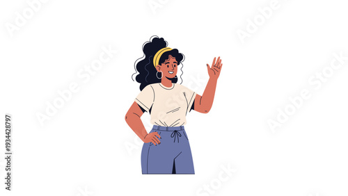 Friendly woman with dark curly hair and a yellow headband smiling and waving her hand in a warm greeting on a white background.