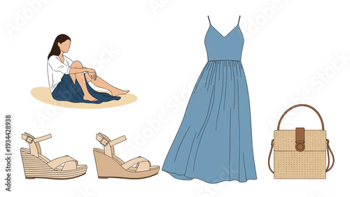 Summer fashion collection including a woman sitting on sand, a long blue dress, wedge sandals, and a woven straw handbag for vacation.