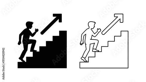 A black and white icon of a person ascending a staircase towards an upward arrow, symbolizing progress and ambition.