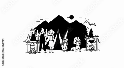 A family of campers enjoying the mountains, with a kite flying overhead