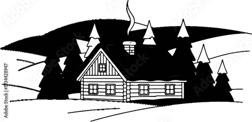 A cozy log cabin nestled among snow-covered evergreens under a hill