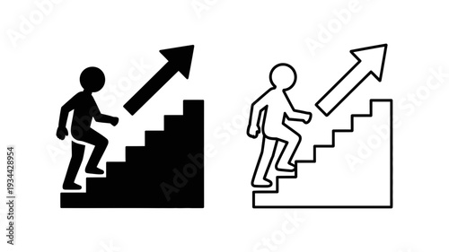 An iconic representation of a person climbing stairs with an upward arrow, conveying the concept of continuous advancement.