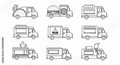 A collection of nine black and white illustrations of various food trucks
