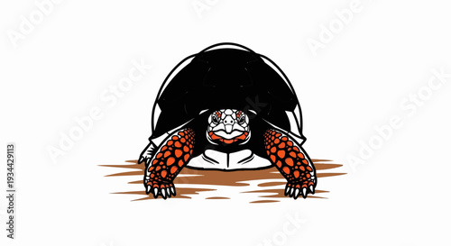 A front-facing illustration of a tortoise with a black shell and orange-spotted limbs