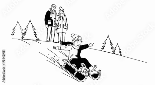 A child on a sled is being watched by two adults on a snowy hill