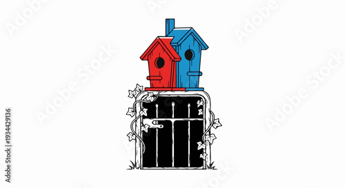 Two birdhouses, red and blue, atop a barred cage entwined with ivy