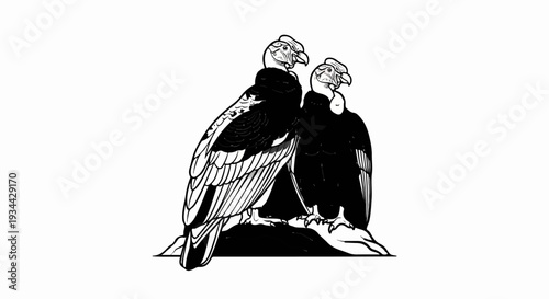 Two andean condors perched on a branch, drawn in black ink