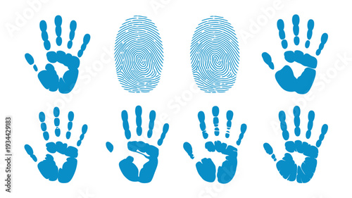 A collection of blue handprints and fingerprints, representing identity, family, and security.