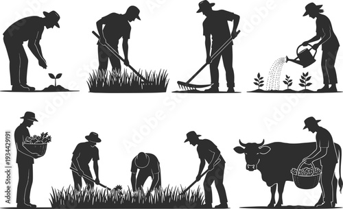 Farming vector illustration, black and white agriculture icon, planting harvesting silhouette, rural lifestyle artwork, crop cultivation design, livestock care 