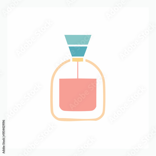 Minimalist flat design vector icon of a perfume bottle with a light blue cap and peach liquid, isolated on a white background