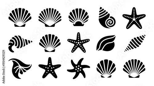 A collection of stylized black seashell and starfish icons represents various marine life forms.