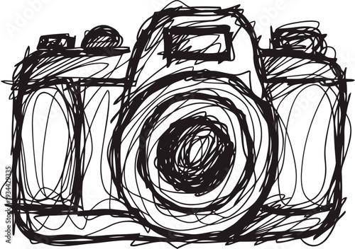 Hand drawn sketch of a vintage camera with circular lens and detailed body design
