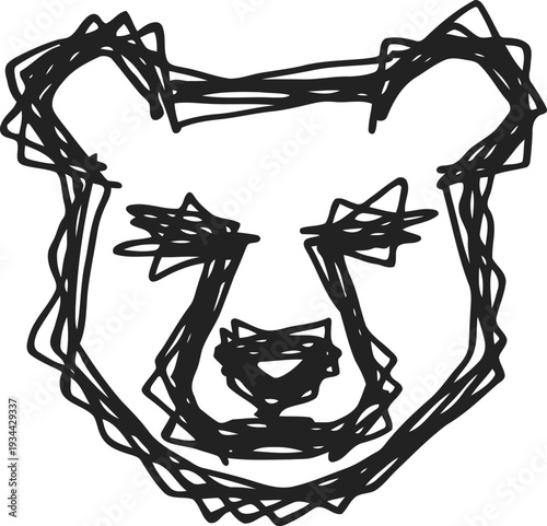 Abstract bear face drawing with sketchy and jagged black lines on white background