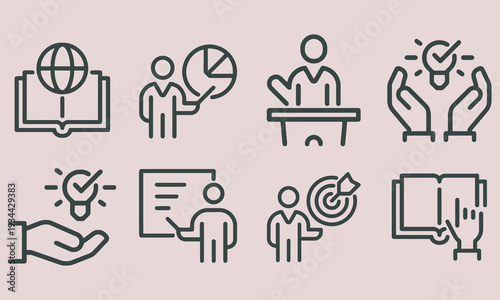 Business Education Icons Set: Learning, Growth, Presentation, Ideas, Goals, Global Knowledge