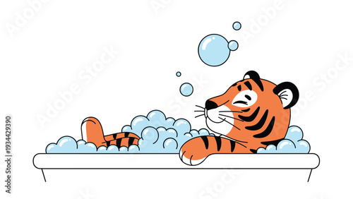 Adorable illustrated tiger character relaxing and taking a bubble bath with soap suds and floating bubbles in a white bathtub.