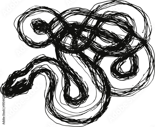 Black abstract tangled lines on white background, chaotic scribble art, hand drawn sketch, expressive ink doodle