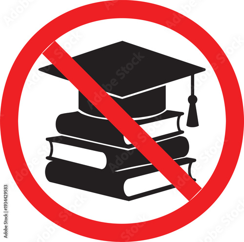 Illustration of a graduation cap on books with a red prohibition symbol overlay