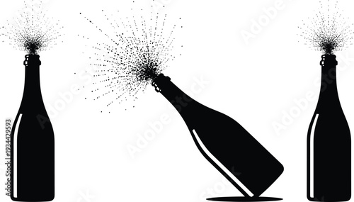 Champagne bottle popping silhouette set with sparkling spray, celebration concept, party drink explosion vector illustration isolated on white background design elements