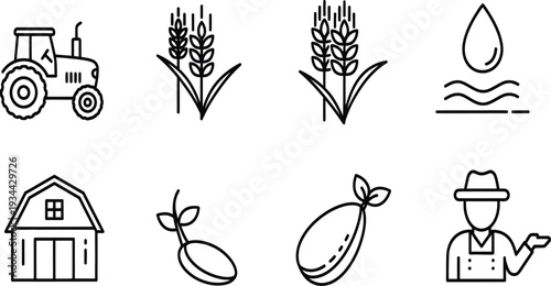 Farming Icons Set: Tractor, Barn, Wheat, Water Droplet, Farmer, Crops