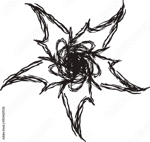 Abstract black star shape with jagged edges, hand drawn ink design on white background