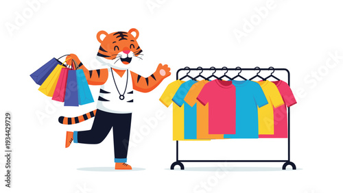 Happy tiger character holding multiple colorful shopping bags while looking at a clothing rack filled with bright t-shirts in a store.