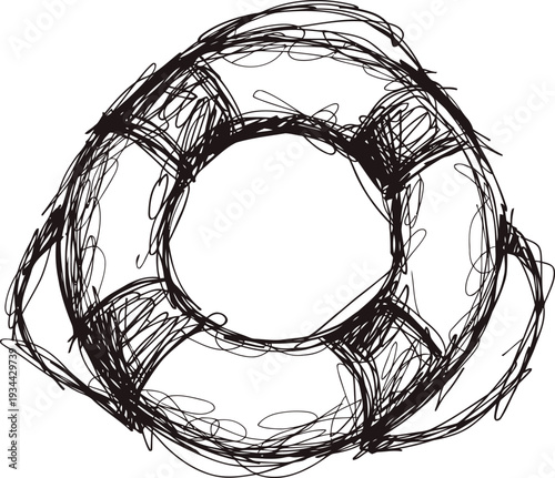 Hand drawn life preserver ring sketch with safety rope, maritime rescue equipment illustration