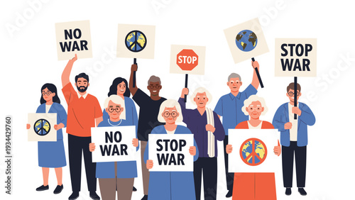 Group of diverse senior citizens standing together and holding protest signs with peace symbols and messages saying no war and stop war.