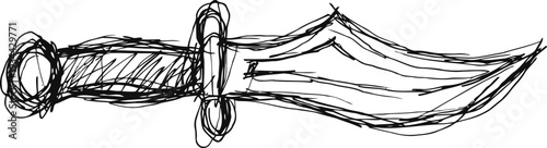 Antique dagger illustration with ornate curved blade and decorated hilt in black ink sketch