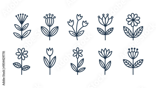 A charming collection of simple line art flower icons, perfect for botanical themes and gentle designs.