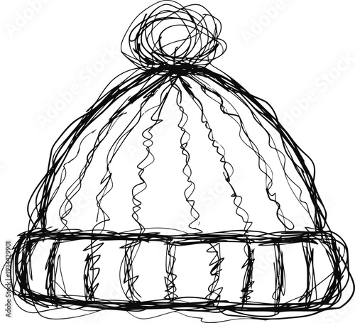Black scribble sketch of knitted winter beanie hat with pompom