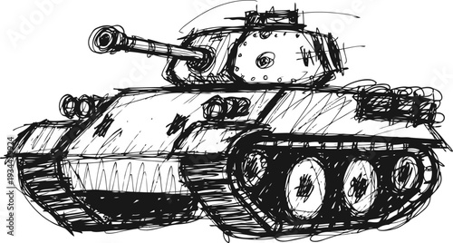 Hand drawn sketch of a military tank with cannon and treads, vintage armored vehicle illustration