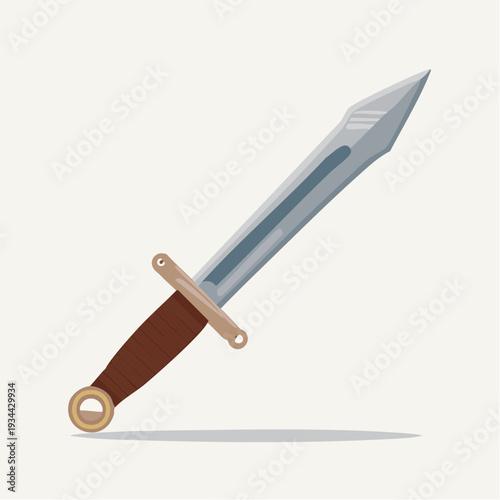 A medieval sword with a brown leather handle and a silver blade rests against a white background