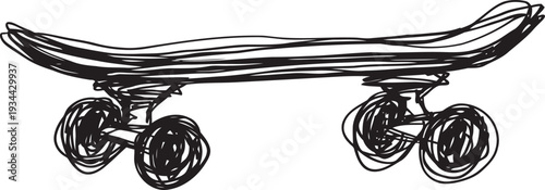 Black hand drawn skateboard illustration with wheels and simple curved deck design, sketch drawing